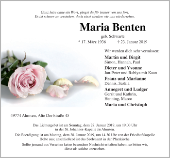 Traueranzeige von Maria Benten von Neue Osnabrücker Zeitung GmbH & Co. KG