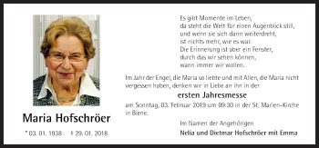 Traueranzeige von Maria Hofschröer von Neue Osnabrücker Zeitung GmbH & Co. KG