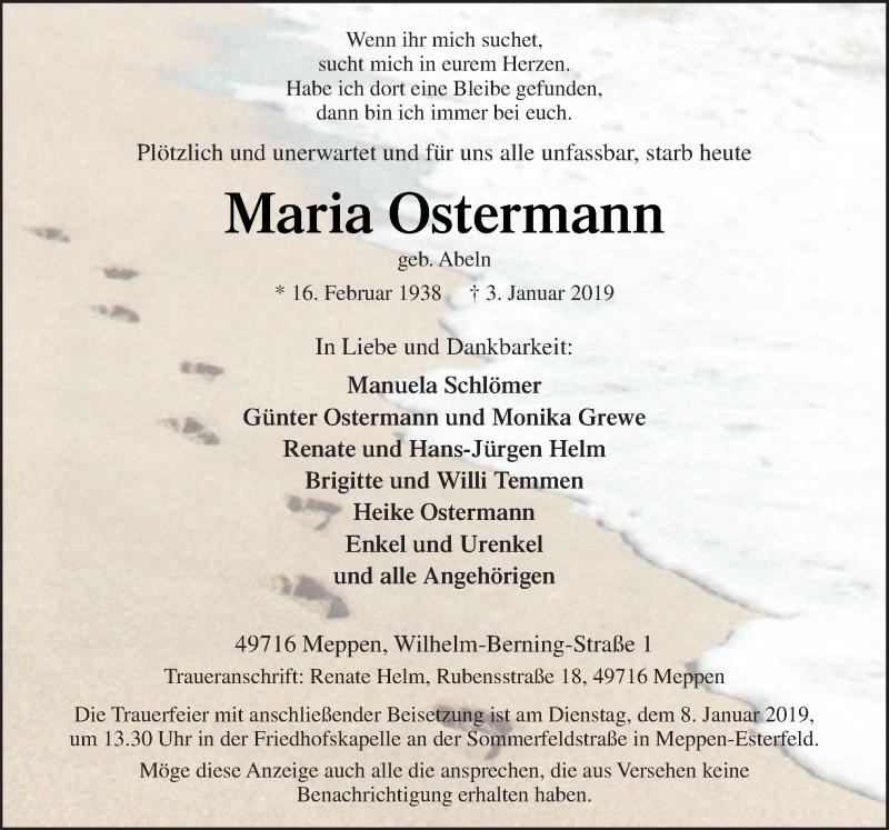  Traueranzeige für Maria Ostermann vom 05.01.2019 aus Neue Osnabrücker Zeitung GmbH & Co. KG