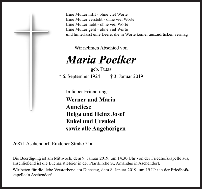  Traueranzeige für Maria Poelker vom 07.01.2019 aus Neue Osnabrücker Zeitung GmbH & Co. KG