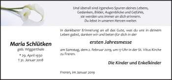 Traueranzeige von Maria Schlütken von Neue Osnabrücker Zeitung GmbH & Co. KG