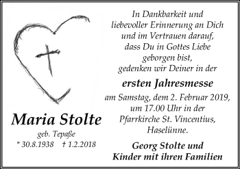 Traueranzeige von Maria Stolte von Neue Osnabrücker Zeitung GmbH & Co. KG