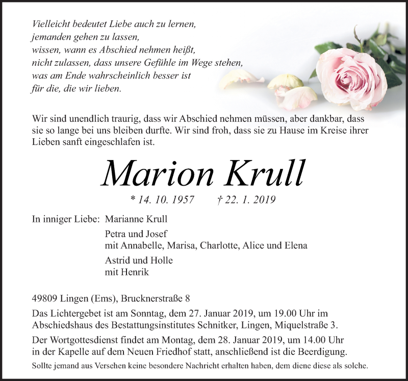  Traueranzeige für Marion Krull vom 25.01.2019 aus Neue Osnabrücker Zeitung GmbH & Co. KG