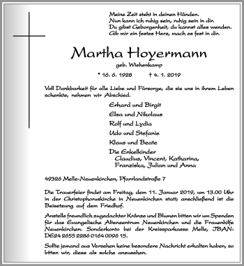 Traueranzeige von Martha Hoyermann von Neue Osnabrücker Zeitung GmbH & Co. KG