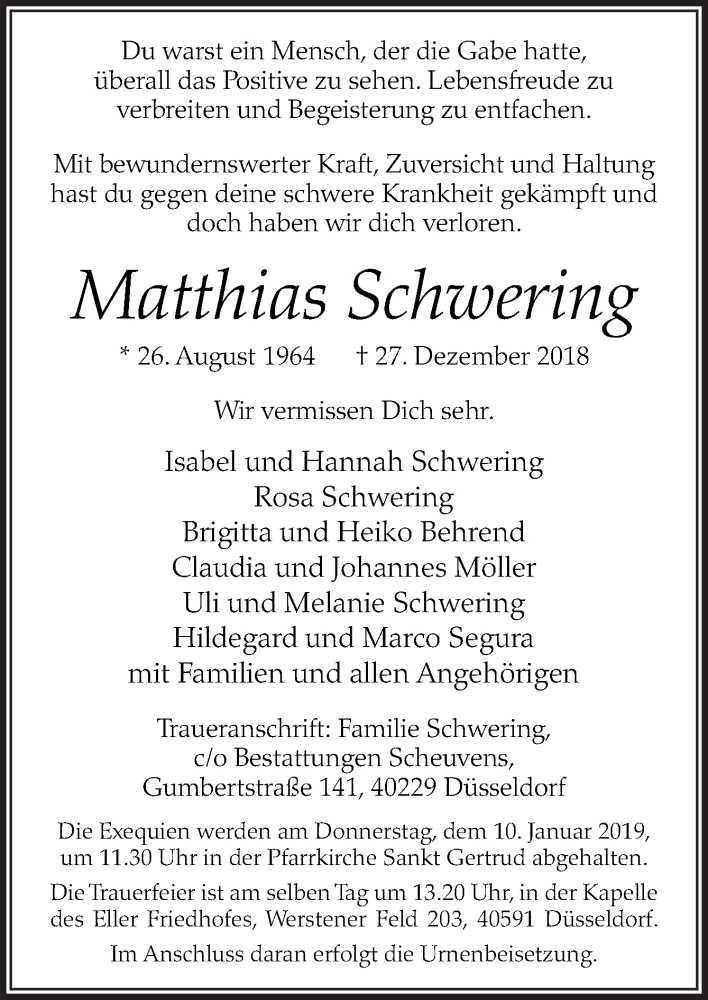  Traueranzeige für Matthias Schwering vom 05.01.2019 aus Neue Osnabrücker Zeitung GmbH & Co. KG
