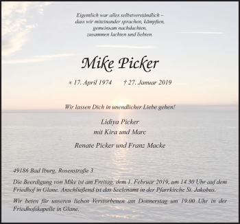 Traueranzeige von Mike Picker von Neue Osnabrücker Zeitung GmbH & Co. KG
