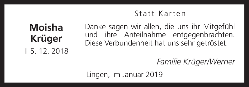  Traueranzeige für Moisha Krüger vom 05.01.2019 aus Neue Osnabrücker Zeitung GmbH & Co. KG
