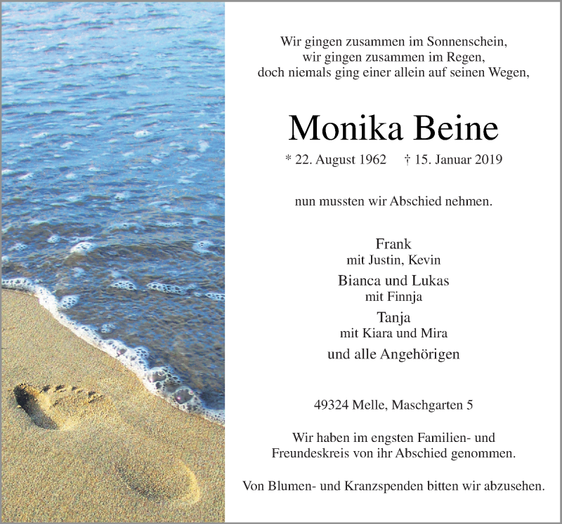  Traueranzeige für Monika Beine vom 22.01.2019 aus Neue Osnabrücker Zeitung GmbH & Co. KG