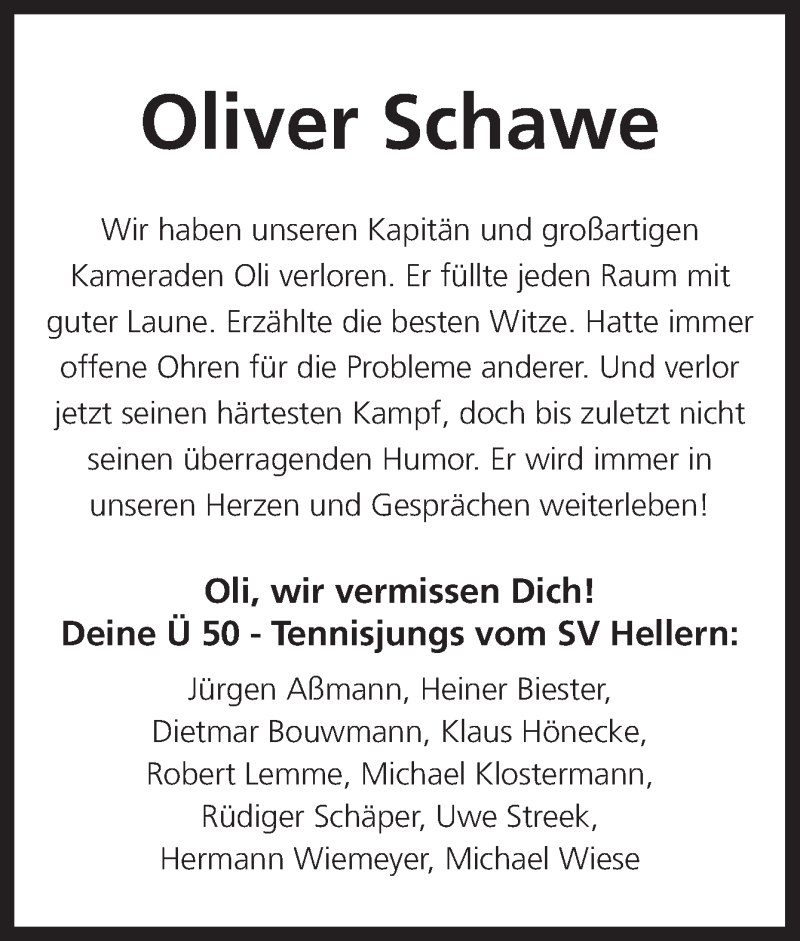  Traueranzeige für Oliver Schawe vom 12.01.2019 aus Neue Osnabrücker Zeitung GmbH & Co. KG