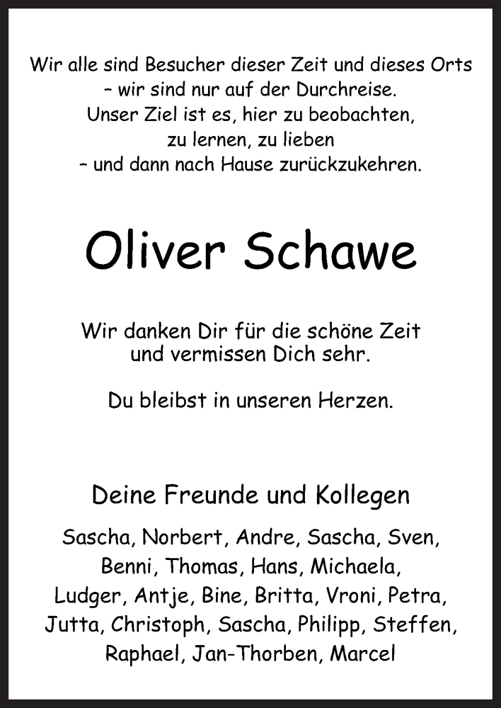  Traueranzeige für Oliver Schawe vom 12.01.2019 aus Neue Osnabrücker Zeitung GmbH & Co. KG