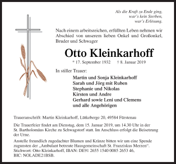 Traueranzeige von Otto Kleinkarhoff von Neue Osnabrücker Zeitung GmbH & Co. KG