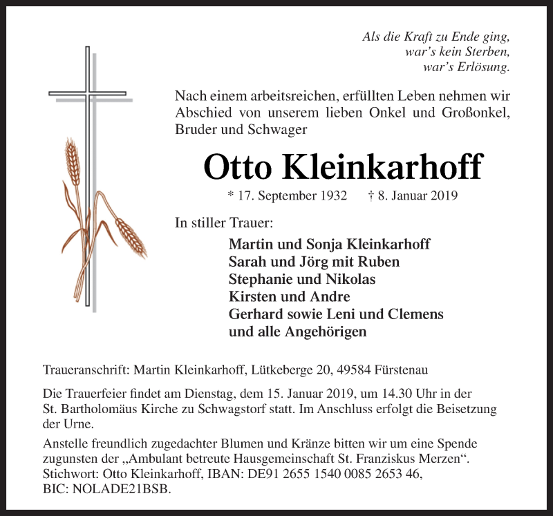  Traueranzeige für Otto Kleinkarhoff vom 11.01.2019 aus Neue Osnabrücker Zeitung GmbH & Co. KG