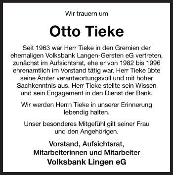 Traueranzeige von Otto Tieke von Neue Osnabrücker Zeitung GmbH & Co. KG
