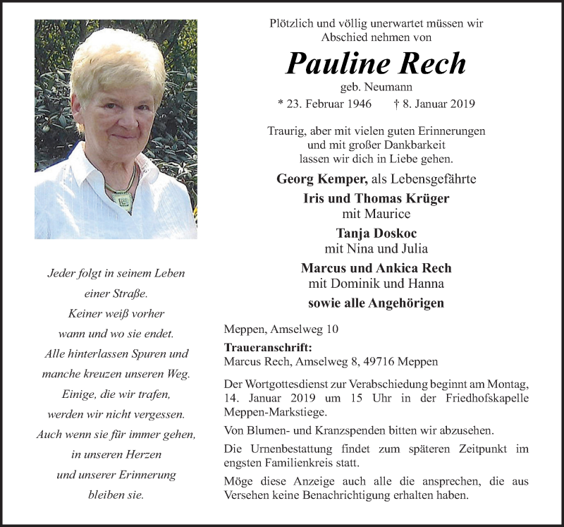  Traueranzeige für Pauline Rech vom 11.01.2019 aus Neue Osnabrücker Zeitung GmbH & Co. KG