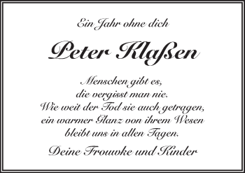 Traueranzeige von Peter Klaßen von Neue Osnabrücker Zeitung GmbH & Co. KG