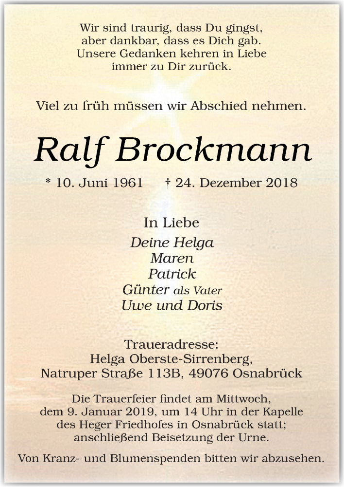  Traueranzeige für Ralf Brockmann vom 05.01.2019 aus Neue Osnabrücker Zeitung GmbH & Co. KG