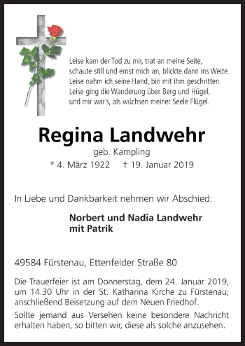 Traueranzeige von Regina Landwehr von Neue Osnabrücker Zeitung GmbH & Co. KG