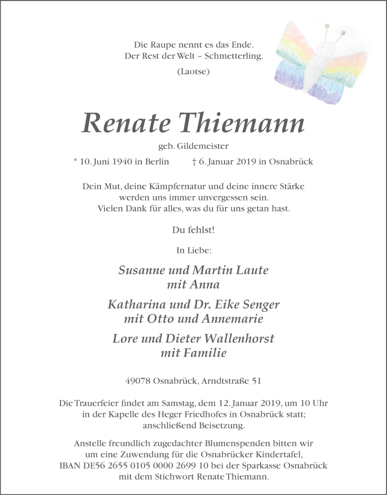  Traueranzeige für Renate Thiemann vom 09.01.2019 aus Neue Osnabrücker Zeitung GmbH & Co. KG