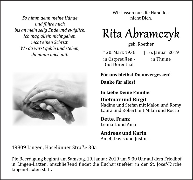  Traueranzeige für Rita Abramczyk vom 18.01.2019 aus Neue Osnabrücker Zeitung GmbH & Co. KG
