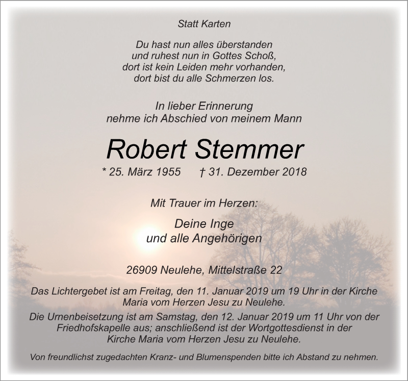  Traueranzeige für Robert Stemmer vom 05.01.2019 aus Neue Osnabrücker Zeitung GmbH & Co. KG