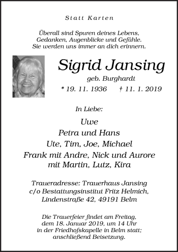 Traueranzeige von Sigrid Jansing von Neue Osnabrücker Zeitung GmbH & Co. KG