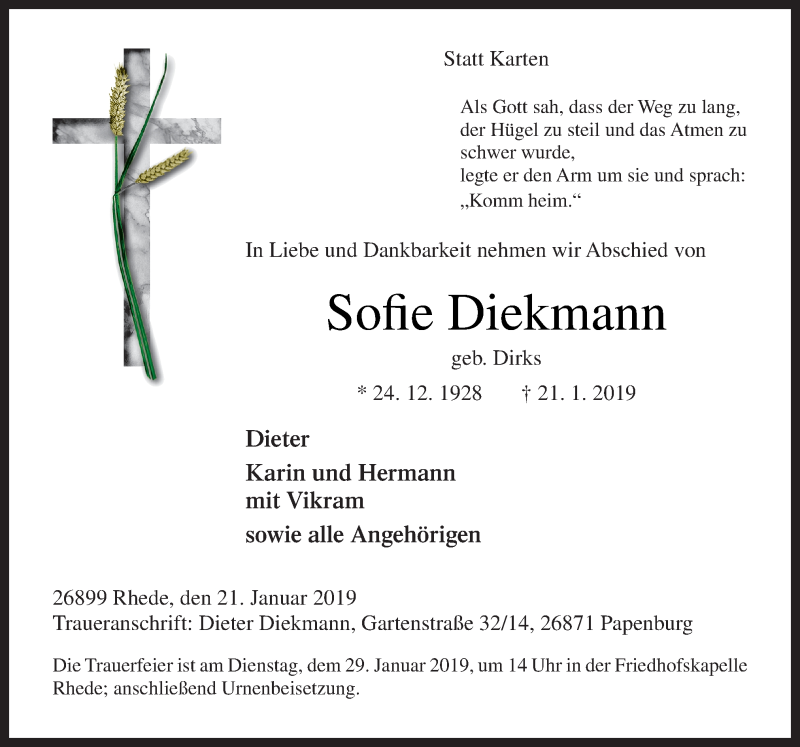  Traueranzeige für Sofie Diekmann vom 24.01.2019 aus Neue Osnabrücker Zeitung GmbH & Co. KG