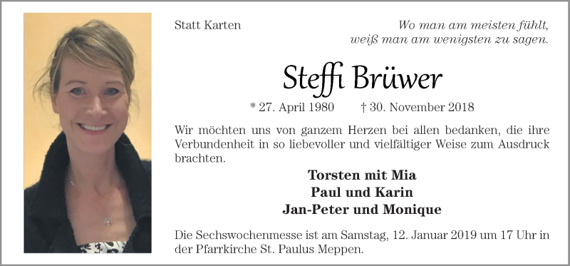  Traueranzeige für Steffi Brüwer vom 10.01.2019 aus Neue Osnabrücker Zeitung GmbH & Co. KG