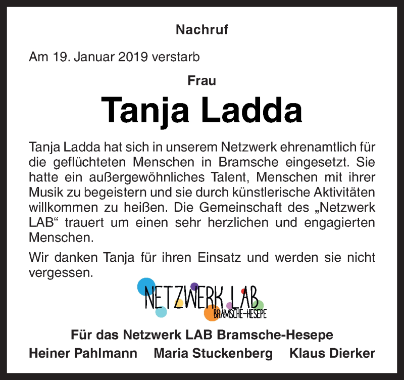  Traueranzeige für Tanja Ladda vom 26.01.2019 aus Neue Osnabrücker Zeitung GmbH & Co. KG