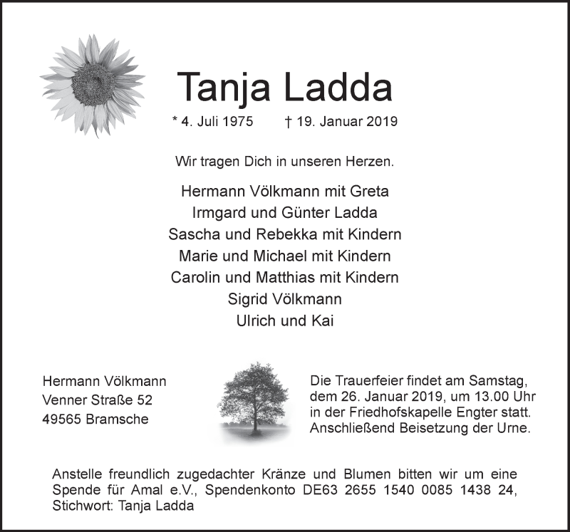  Traueranzeige für Tanja Ladda vom 24.01.2019 aus Neue Osnabrücker Zeitung GmbH & Co. KG