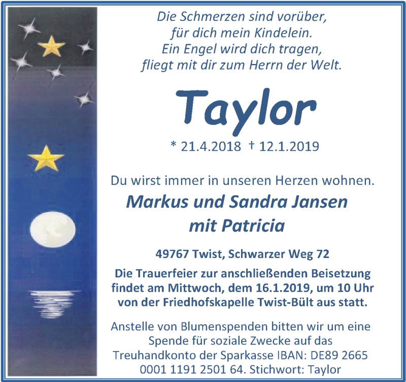  Traueranzeige für Taylor Jansen vom 14.01.2019 aus Neue Osnabrücker Zeitung GmbH & Co. KG