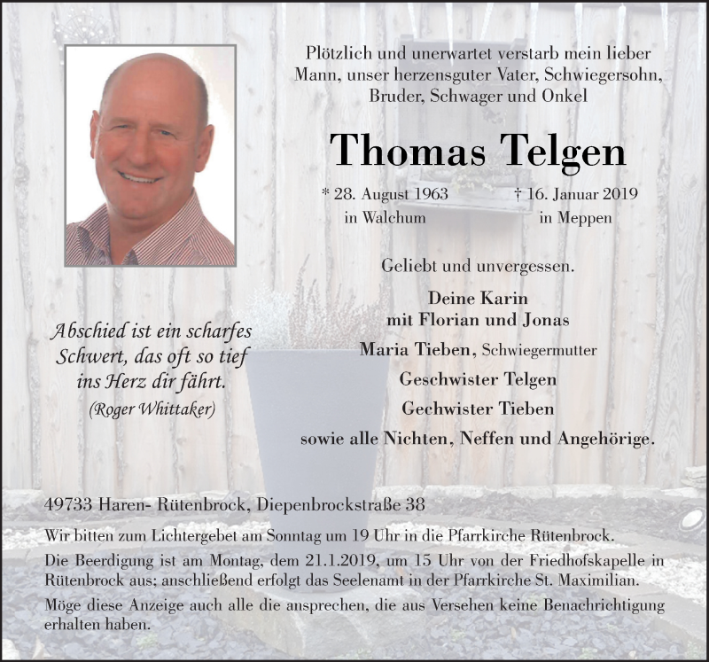  Traueranzeige für Thomas Telgen vom 18.01.2019 aus Neue Osnabrücker Zeitung GmbH & Co. KG
