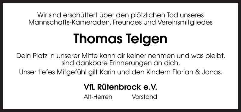  Traueranzeige für Thomas Telgen vom 21.01.2019 aus Neue Osnabrücker Zeitung GmbH & Co. KG