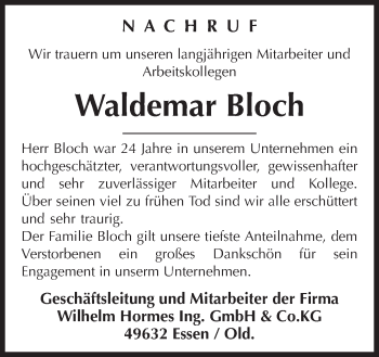 Traueranzeige von Waldemar Bloch von Neue Osnabrücker Zeitung GmbH & Co. KG