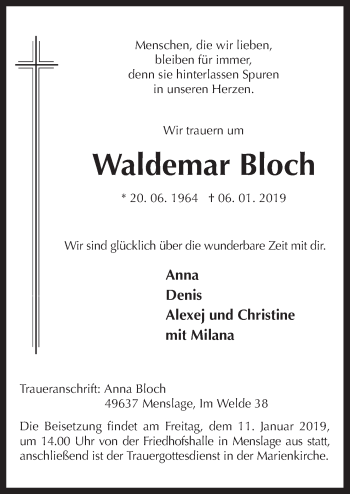 Traueranzeige von Waldemar Bloch von Neue Osnabrücker Zeitung GmbH & Co. KG