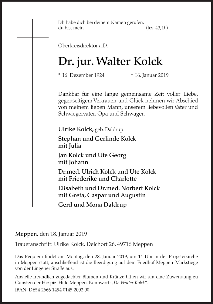  Traueranzeige für Walter Kolck vom 19.01.2019 aus Neue Osnabrücker Zeitung GmbH & Co. KG