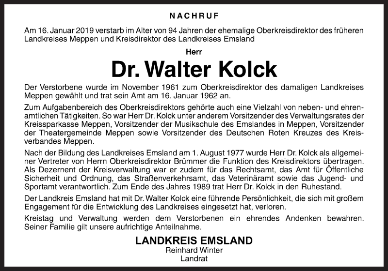 Traueranzeige für Walter Kolck vom 23.01.2019 aus Neue Osnabrücker Zeitung GmbH & Co. KG
