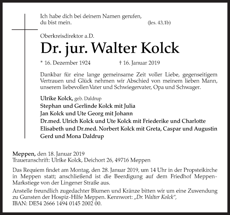  Traueranzeige für Walter Kolck vom 19.01.2019 aus Neue Osnabrücker Zeitung GmbH & Co. KG