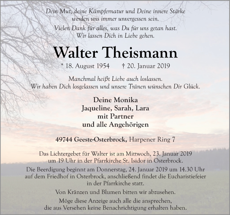  Traueranzeige für Walter Theismann vom 23.01.2019 aus Neue Osnabrücker Zeitung GmbH & Co. KG
