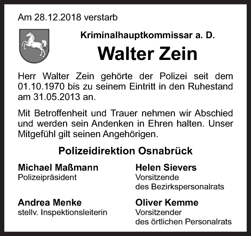  Traueranzeige für Walter Zein vom 04.01.2019 aus Neue Osnabrücker Zeitung GmbH & Co. KG