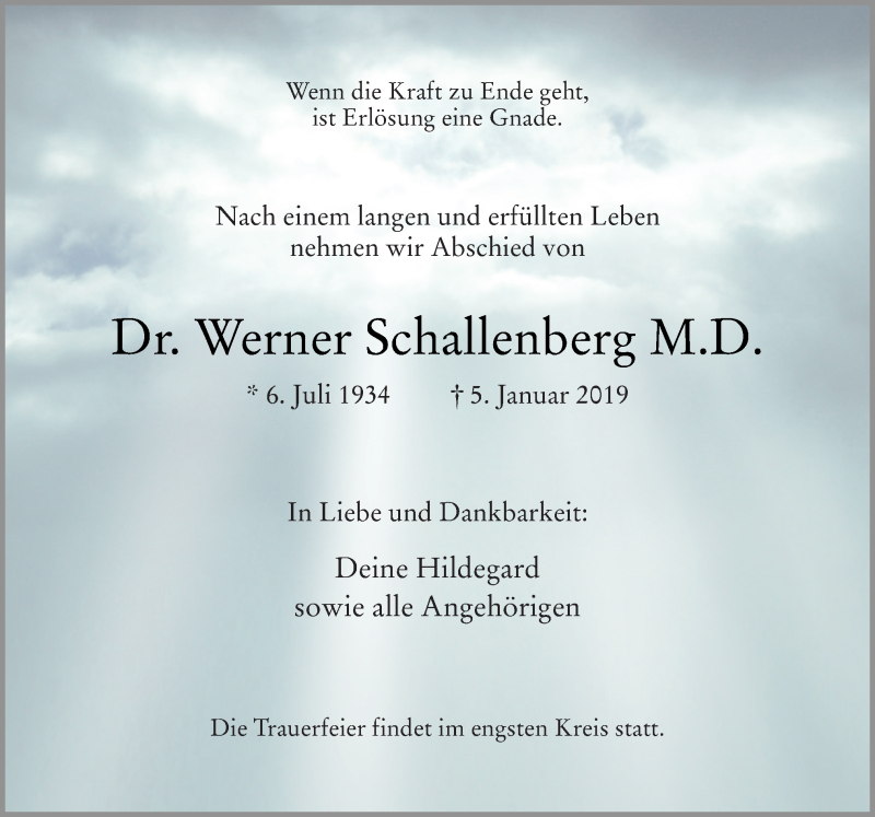  Traueranzeige für Werner Schallenberg vom 12.01.2019 aus Neue Osnabrücker Zeitung GmbH & Co. KG