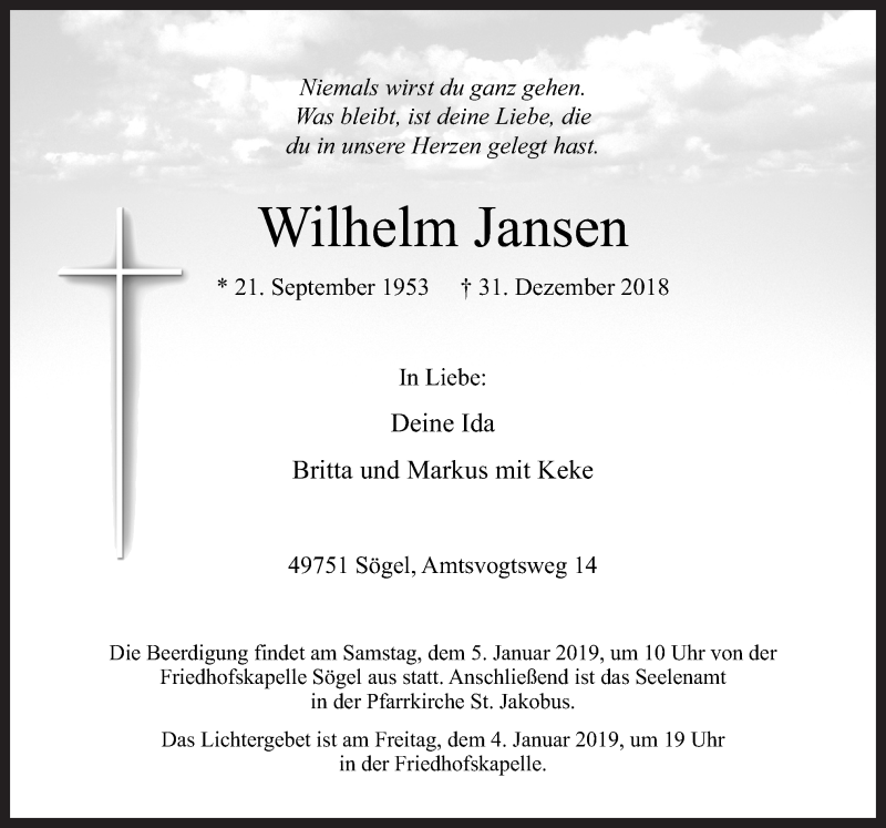  Traueranzeige für Wilhelm Jansen vom 02.01.2019 aus Neue Osnabrücker Zeitung GmbH & Co. KG