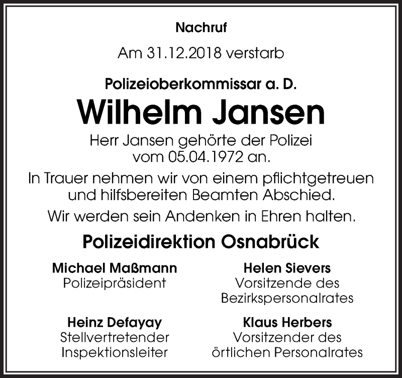  Traueranzeige für Wilhelm Jansen vom 04.01.2019 aus Neue Osnabrücker Zeitung GmbH & Co. KG