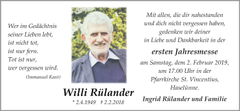 Traueranzeige von Willi Rülander von Neue Osnabrücker Zeitung GmbH & Co. KG