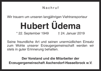 Traueranzeige von Hubert Üdema von Neue Osnabrücker Zeitung GmbH & Co. KG