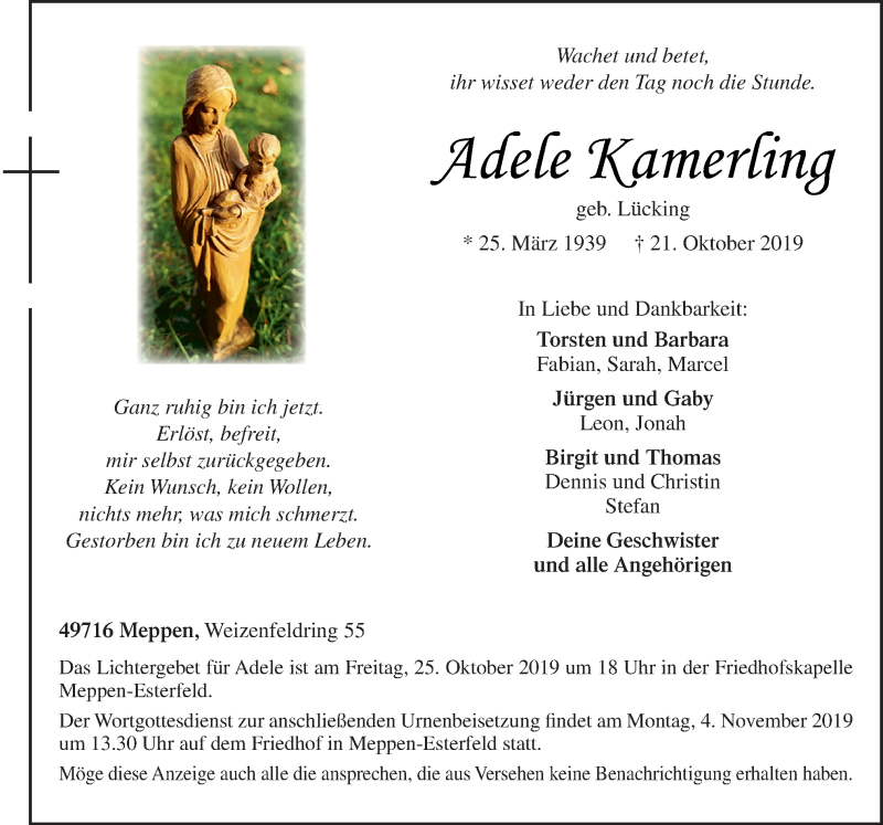  Traueranzeige für Adele Kamerling vom 24.10.2019 aus Neue Osnabrücker Zeitung GmbH & Co. KG