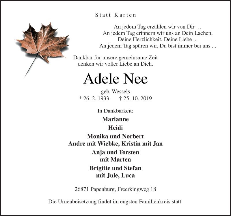  Traueranzeige für Adele Nee vom 30.10.2019 aus Neue Osnabrücker Zeitung GmbH & Co. KG