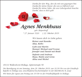 Traueranzeige von Agnes Menkhaus von Neue Osnabrücker Zeitung GmbH & Co. KG