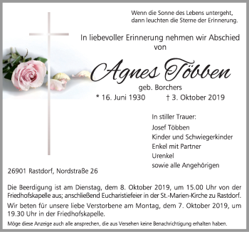Traueranzeige von Agnes Többen von Neue Osnabrücker Zeitung GmbH & Co. KG