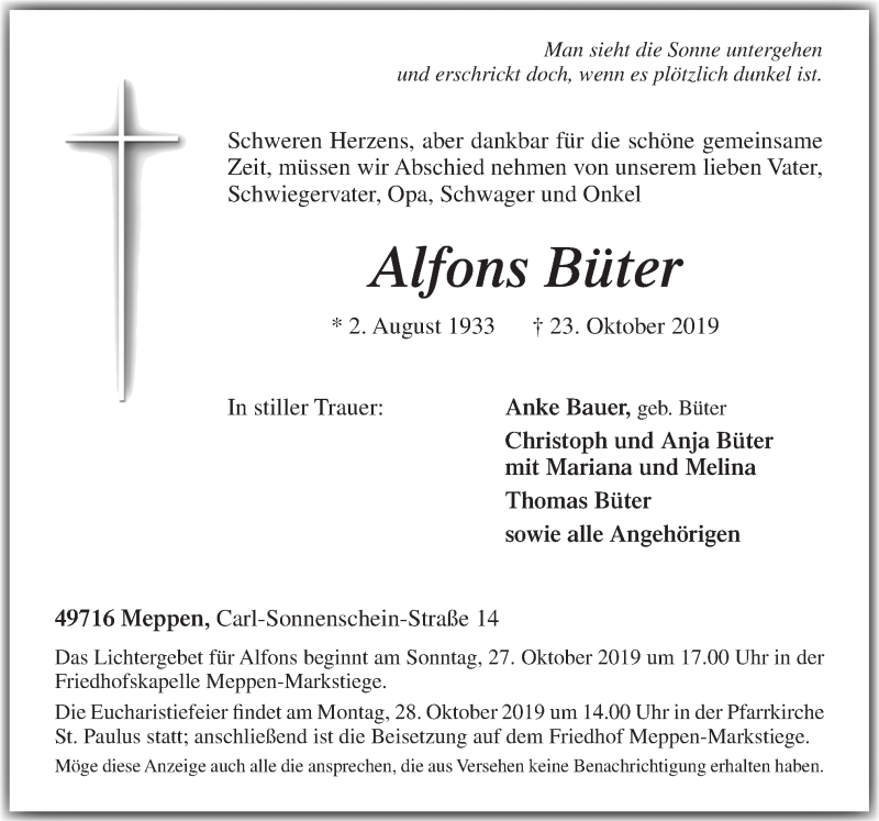  Traueranzeige für Alfons Büter vom 25.10.2019 aus Neue Osnabrücker Zeitung GmbH & Co. KG