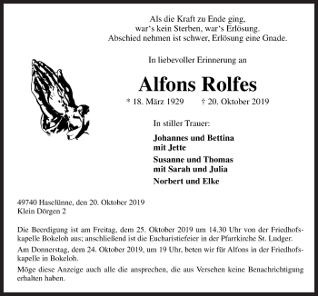 Traueranzeige von Alfons Rolfes von Neue Osnabrücker Zeitung GmbH & Co. KG